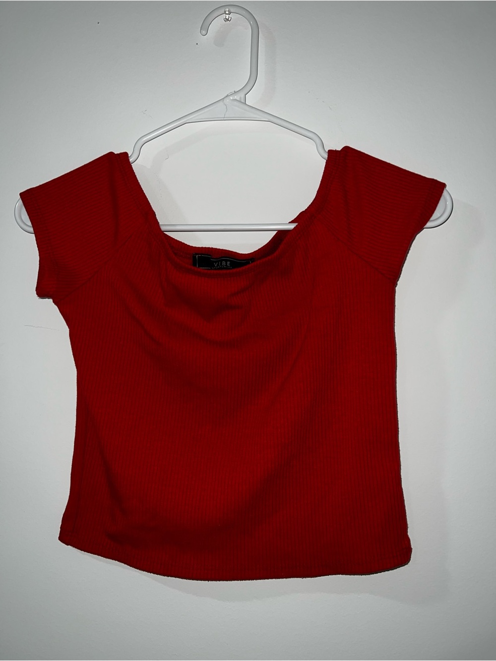 Vibe Bright Red Ribbed Scoop Neck Short Sleeve Top